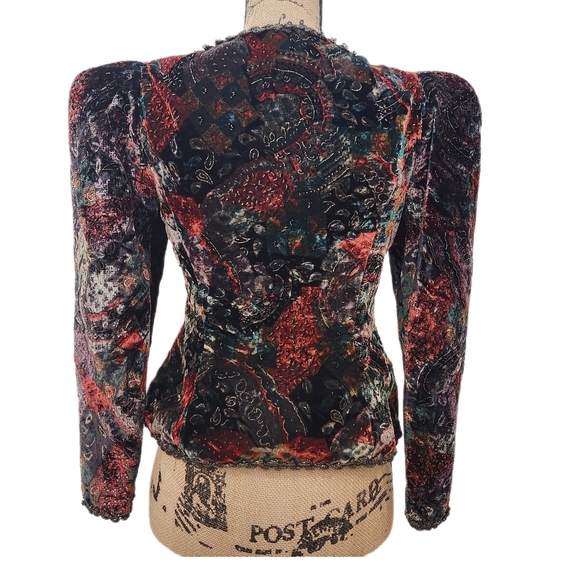 80s VINTAGE SHUET YOUNG For HW, Black Floral Velour Teddy Jacket, US Women's 6 - Picture 4 of 12